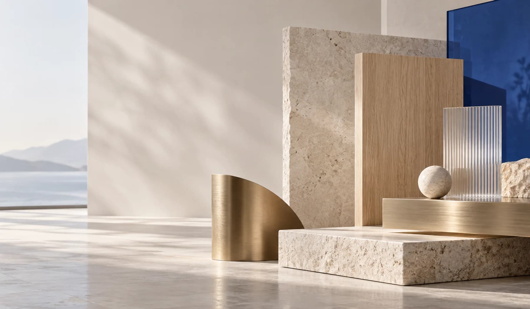 Conceptual arrangement of limestone, pale oak, glass and satin metal